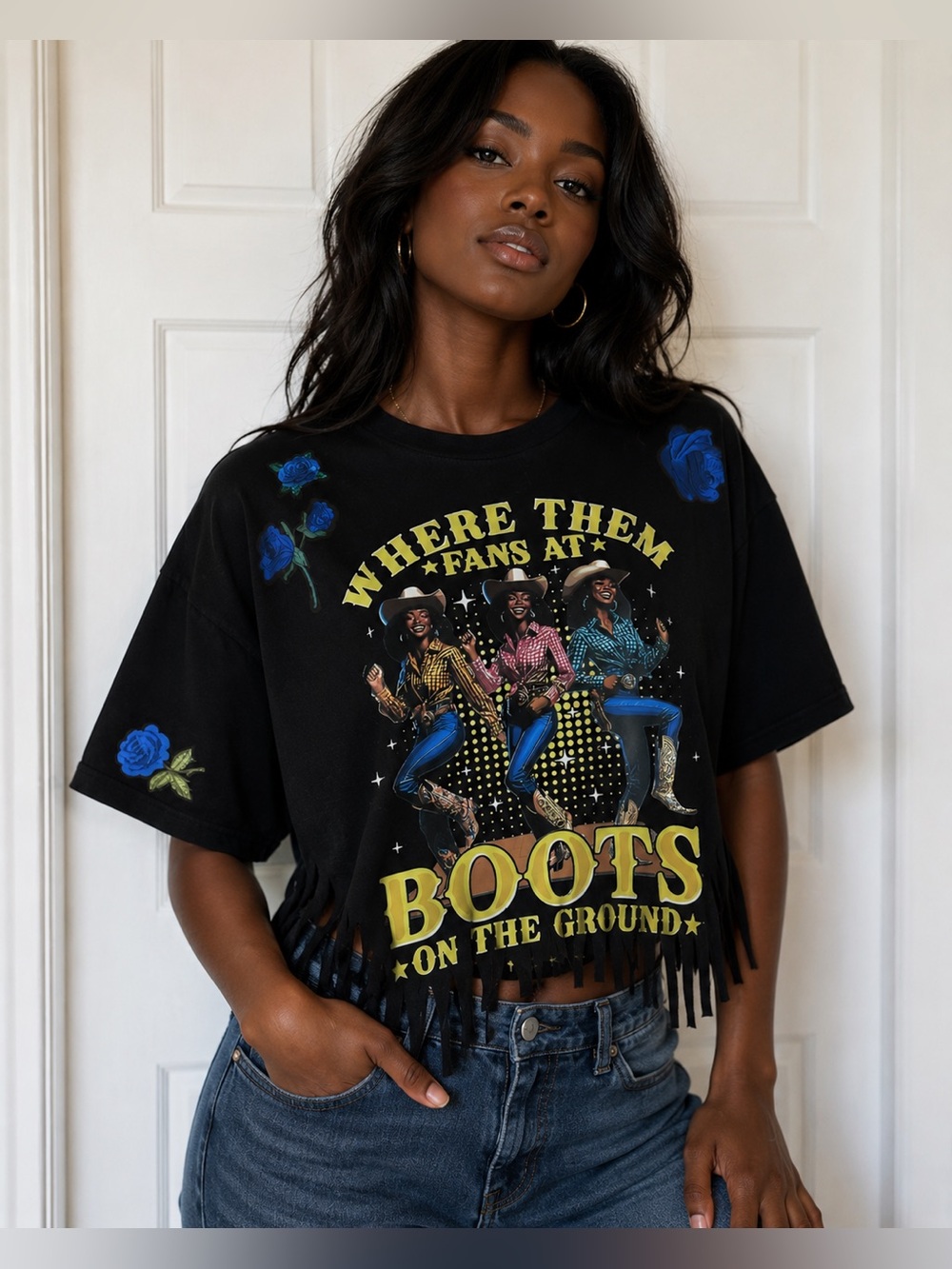Upcycled boots on the ground Black Fringe Crop Tee with Blue Rose Accents size L